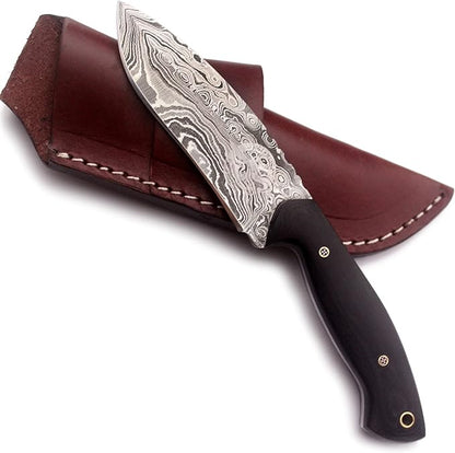 Handmade Damascus Steel Knife Bowie for Hunting,Survival,Camping,Bushcraft,and Fishing-Fixed Blade with Recurve Full Tang Micarta Handle with Cowhide-Leather Sheath WKD-772