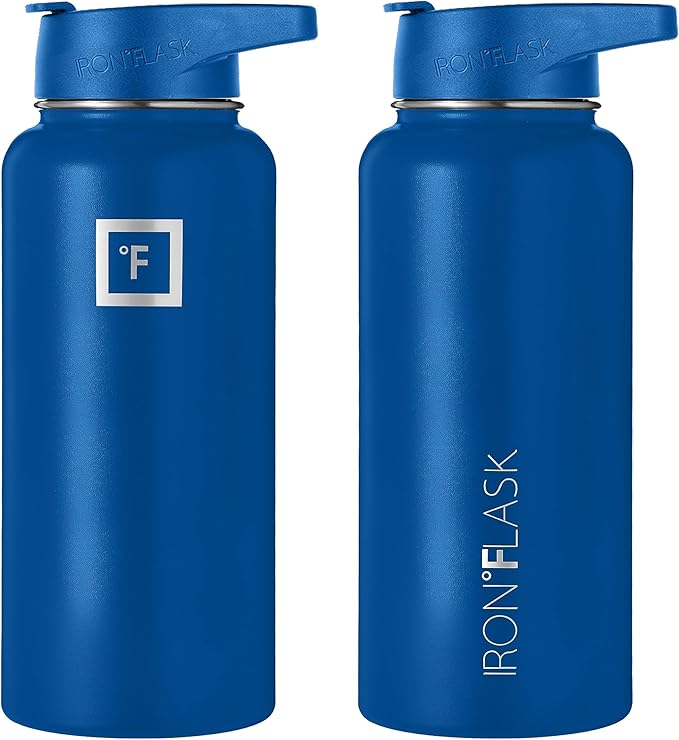 IRON °FLASK Camping & Hiking Hydration Flask, Wide Mouth, 3 Straw Lids, Stainless Steel Outdoor Water Bottle, Double Walled, Insulated Thermos, Metal Canteen - Cobalt, 32 Oz