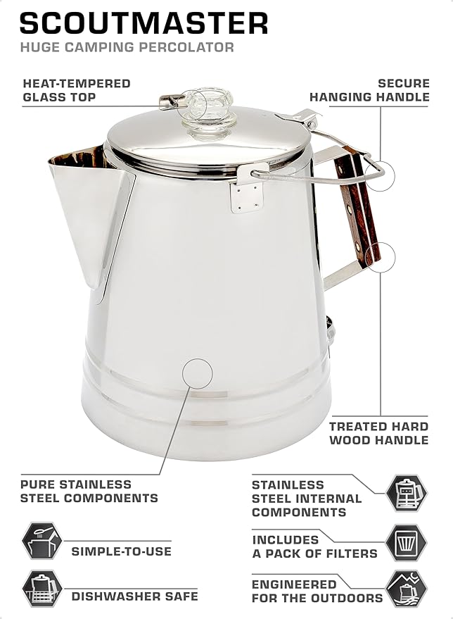 COLETTI Scoutmaster Camp Coffee Pot — Cowboy Coffee Pot, Coffee Percolator Camping – Huge Stainless Steel Coffee Pot – The Ultimate Camping Percolator, NO Aluminum or Plastic [24 Cup]