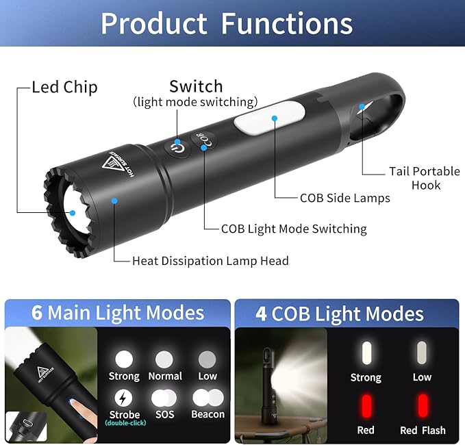 Rechargeable Flashlight, LED Flashlights High Lumens, 10 Modes with COB Sidelight, Zoomable Small Tactical Waterproof Flash Light for Emergency Home Camping, Gifts for Men Women Adults