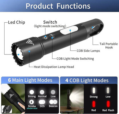 Rechargeable Flashlight, LED Flashlights High Lumens, 10 Modes with COB Sidelight, Zoomable Small Tactical Waterproof Flash Light for Emergency Home Camping, Gifts for Men Women Adults