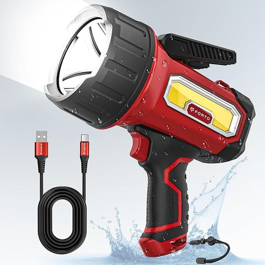 FORTO Rechargeable Spotlight Flashlight with 2000 Lumens, Handheld Spotlight with Foldable Stand, 6 Light Modes IPX7 Waterproof LED Spot Lights Outdoor for Boating Hunting Camping Hiking(Red)