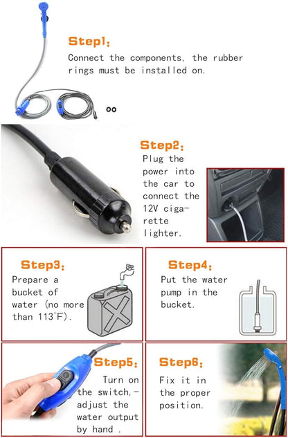 Portable Camping Shower Outdoor Handheld Shower,12V Shower Head with Water Pump and Build-in Water Filtration System for car Washing,Camping,Hiking,Beach,Dog,Flowering Plants