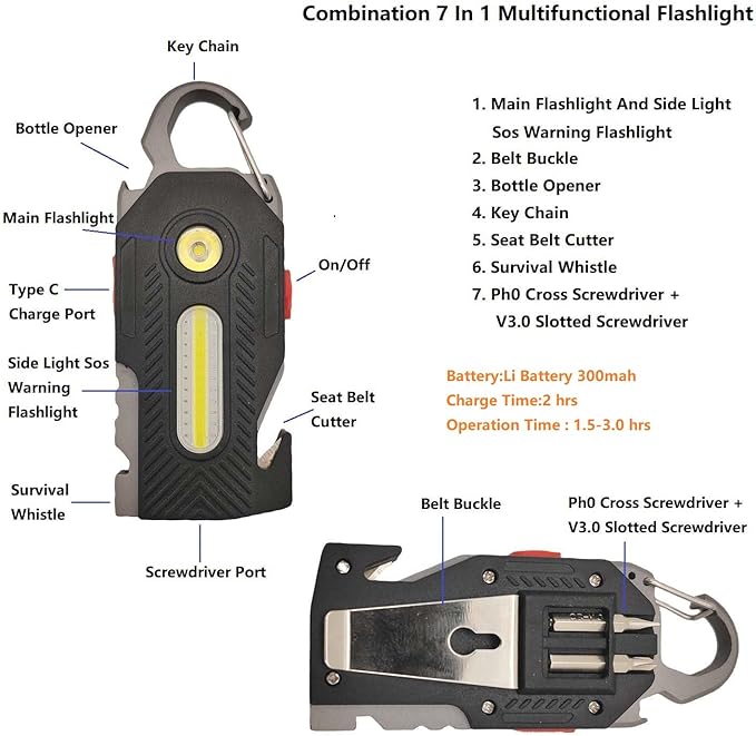 Multifunctional Flashlight 7 In1 Cob Keychain Bright Work Light Rechargeable Portable Led Sos Light With Bottle Opener Seat Belt Cutter Survival Whistle Screwdriver For Camping Walking Hiking