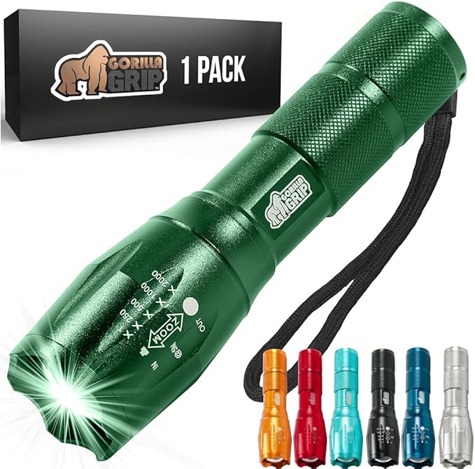 Gorilla Grip Powerful LED 750 FT Water Resistant 5 Adjustable Mode Tactical Flashlight, High Lumens Ultra Bright Battery Life Zoom Flashlights, Small Camping Car Mini Flash Light Accessories, Green