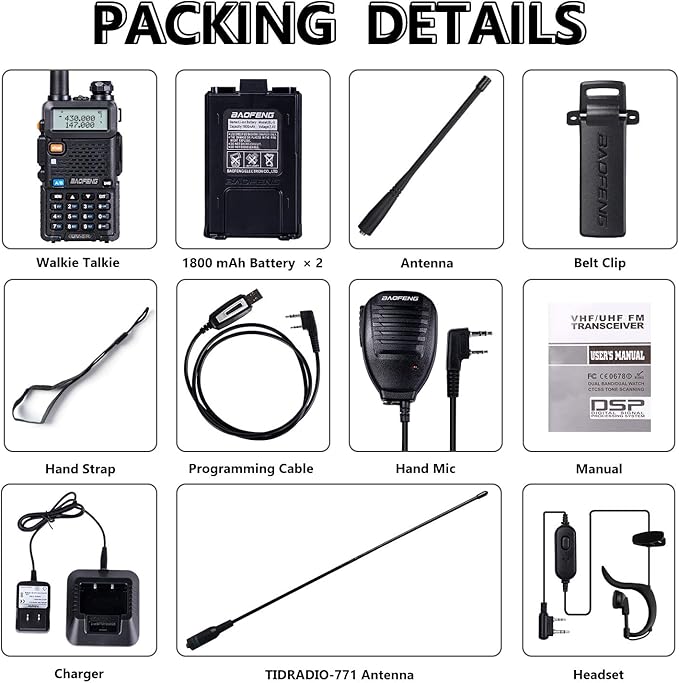 BaoFeng UV-5R 8 Watt Ham Radio BaoFeng Radio with Extra 1800mAh Battery and 771 Antenna Dual Band Ham Radio Handheld Includes Full Kit Walkie Talkie