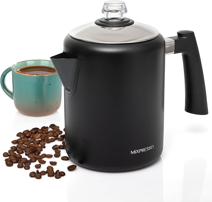Mixpresso Black Stainless Steel Coffee Percolator Stovetop, 37oz Classic Percolator Coffee Pot, Excellent For Camping Pot, 5-8 Cup Stove Top Coffee Maker, Cool-Touch Handle