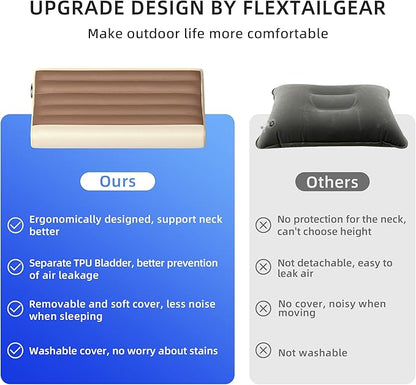 FLEXTAILGEAR Neck Contour Inflatable Camping Pillow, Ergonomic Travel Pillow Backpacking Gear with Removable Cover Separate TPU Bladder for Camp, Hiking, Airplane, Road Trip, Office(Brown)