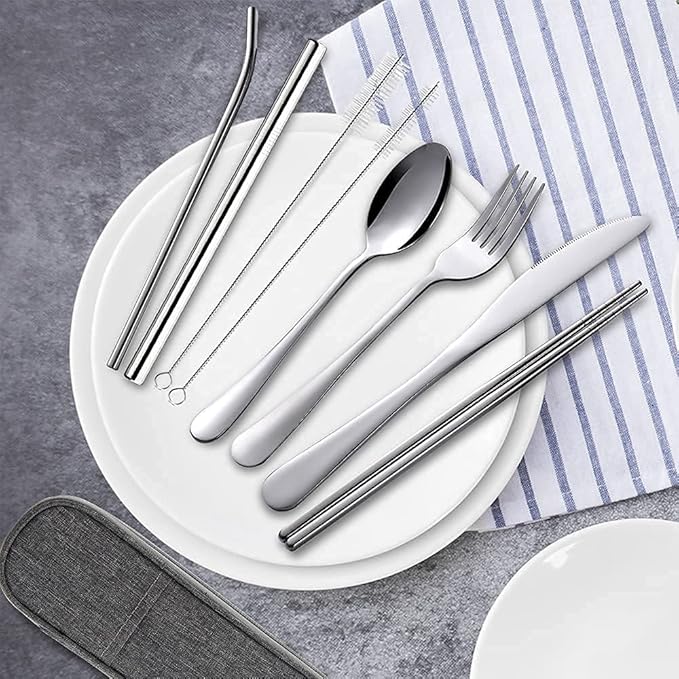Travel Utensils with Case, Portable Travel Utensils Cutlery Set Stainless Steel Flatware Set for Camping 8pcs Including Dinner Knife Fork Spoon Chopsticks Boba Straw (Silver)