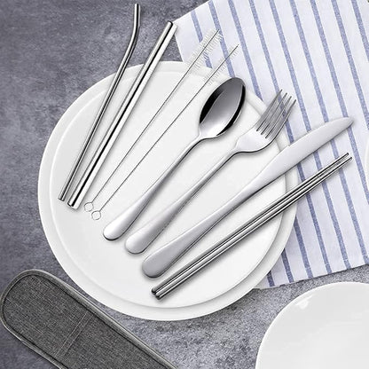 Travel Utensils with Case, Portable Travel Utensils Cutlery Set Stainless Steel Flatware Set for Camping 8pcs Including Dinner Knife Fork Spoon Chopsticks Boba Straw (Silver)