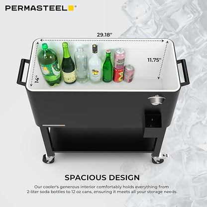 Permasteel Party Cooler with Removable Basin, Spacious 80-Qt Capacity, Rolling Ice Chest for Indoor and Outdoor Entertainment Black + Bonus Cover