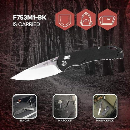Firebird GANZO F753M1 Pocket Folding Knife G-10 Anti-Slip Handle with Clip 440C Stainless Steel Blade Camping Fishing Outdoor Folder EDC Knife (Black)