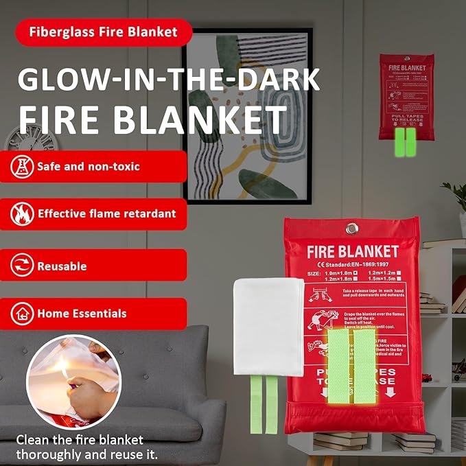 Emergency Fire Blankets, Fire Extinguisher Blanket Glow at Night, Flame Retardant Blanket Fire Safety Blanket for Home and Kitchen, Camping, Grill, Car, Office (1 Pack)