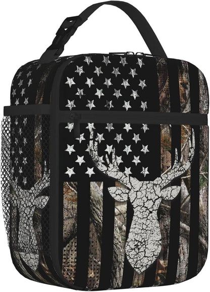 SARA NELL Hunting Camo Deer Insulated Lunch Bag Camouflage American Flag Lunch Cooler Box for Women Men Teens Kids, Reusable Lunch Tote Bag, Insulated Lunch Bags for Work, Picnic, School or Travel