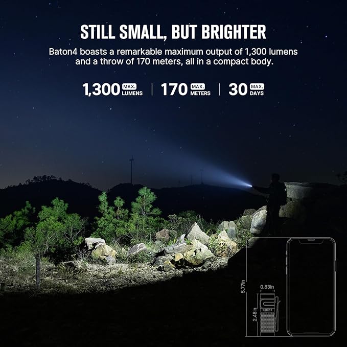 OLIGHT Baton4 Rechargeable EDC Flashlight, LED Pocket Flashlight 1300 Lumens with Magnetic Charging Cable, Small Powerful Bright Flashlight for Home, Camping, and Emergencies (Candy Cane)