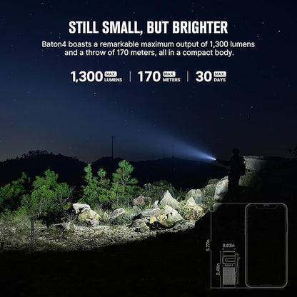 OLIGHT Baton4 Rechargeable EDC Flashlight, LED Pocket Flashlight 1300 Lumens with Magnetic Charging Cable, Small Powerful Bright Flashlight for Home, Camping, and Emergencies (Candy Cane)