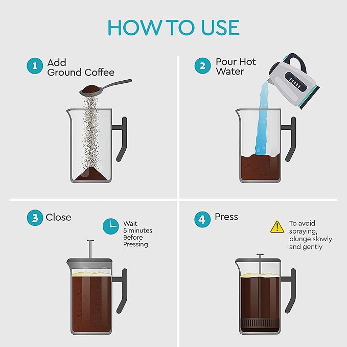 French Press Coffee Maker 34 Oz - Insulated Coffee Press Stainless Steel 304 - Double Wall & 4 Level Filtration System (1 Liter) - Black