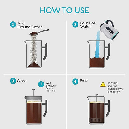 French Press Coffee Maker 34 Oz - Insulated Coffee Press Stainless Steel 304 - Double Wall & 4 Level Filtration System (1 Liter) - Black
