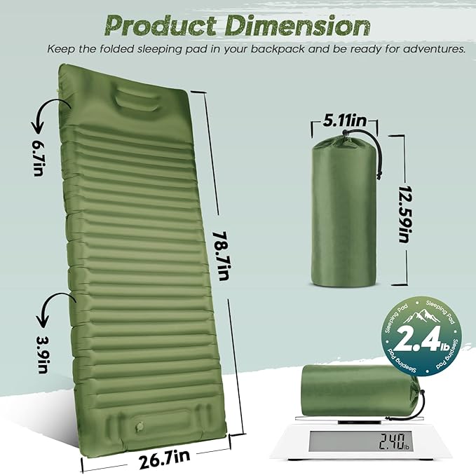 Inflatable Sleeping Pad for Camping, 3.9’’ Thick Self-Inflating Camping Pad with Pillow, Quick Inflation by Stamping, Waterproof, Lightweight, Portable Sleeping Mat for Backpacking, Hiking, Traveling