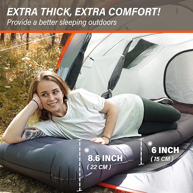 TOBTOS Self Inflating Camping Sleeping Pad with Pillow, Thick 6 Inch Ultralight Sleeping Pad with Built-in Pump, Lightweight Sleeping Mat for Camping, Backpacking, Hiking, Tent (Brown)