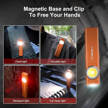 klarus E5 Pocket Flashlight, Rechargeable EDC Flashlight, Super Slim Flat 4.2x1x0.3inch, 470 Lumens, USB-C Port, IPX4, Dual Light Source with Magnetic Base, Hat & Clothes Clip - Orange