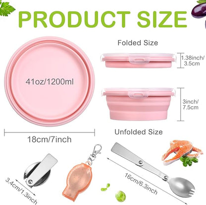 4 Set Camping Bowl with Lid Collapsible Silicone Bowl with Foldable Stainless Steel Fork Salad Bowl Portable Folding Fork Set for Travel Picnic Camping Utensils
