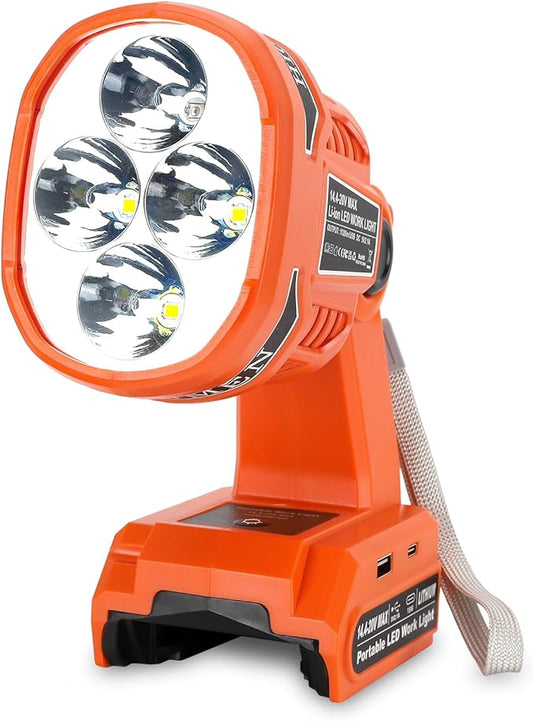 Cordless LED Flashlight for Black and Decker 20v Battery, 22W LED Work Light with USB-A&USB-C 2.1A Fast Charging Ports for Jobsite, Car Repairing, Camping, Emergency
