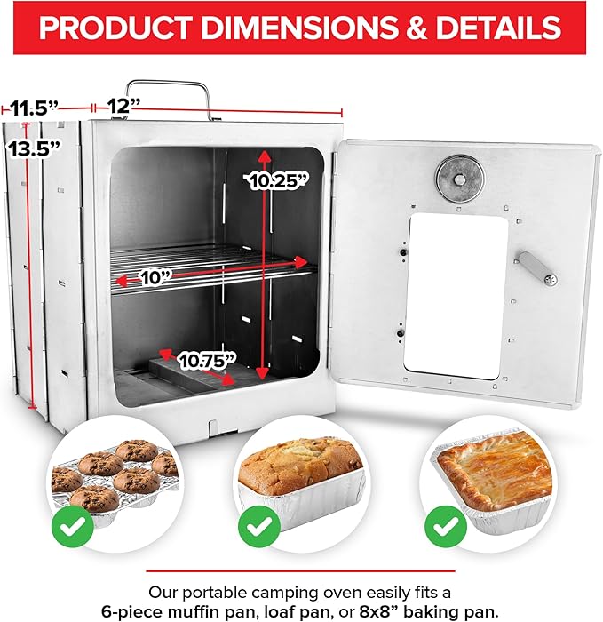 Modern Innovations Portable Camping Oven, Folding Camping Stove for Baking Cinnamon Rolls, Breads, and Muffins, Outdoor Portable Oven for Use with Wood Burning Fire, Propane Stoves, Campers, and More