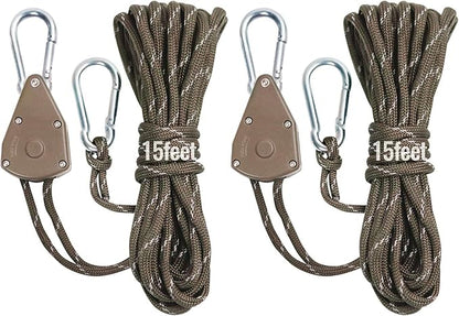 2pcs 15ft Ratchet Tie Down Rope Canopy Tent Tie Downs Strap Retractable Hanger with Hooks Reinforced Metal Gear for Camping Essentials 5/32"…