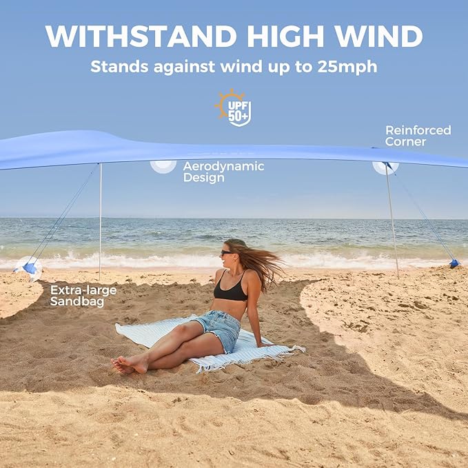 WEKAPO Beach Tent Sun Shelter - Easy Setup Beach Canopy with 4 Sturdy Poles, Extra Large Sandbags and Shovel, 7'8'' Tall, Windproof Sun Shade for Backyard and Camping, UPF 50+ Protection