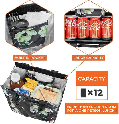 opux Lunch Bag for Women, Insulated Lunch Box Tote for Girls Kids Adult School Work, Reusable Womens Lunch Tote for Office Travel, Cute Small Lunch Tote, Fits 12 Cans - Floral Gray