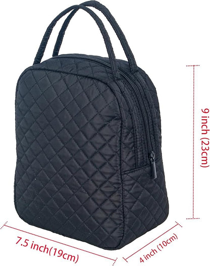 Machine Washable Women Quilted Fabric Insulated Reusable Cooler Lunch Bag Tote Adult Thermal Lunch Box Storage Bag for Ｗork (Black)