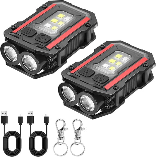 Mini Keychain Flashlight with Clip, 8 Modes Pocket Flash Light, Red Blue COB Side Light, Type-C Rechargeable for Hiking, Camping, Emergency (2, Balck+Black)