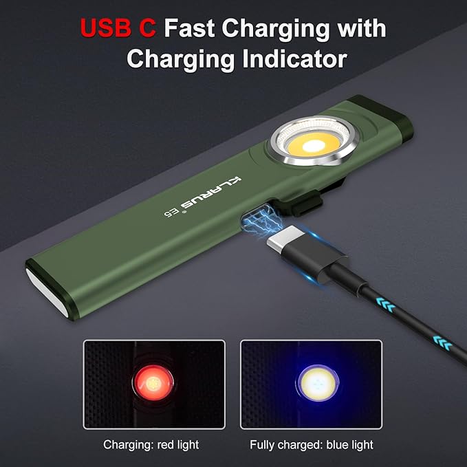 klarus E5 Pocket Flashlight, Rechargeable EDC Flashlight, Super Slim Flat 4.2x1x0.3inch, 470 Lumens, USB-C Port, IPX4, Dual Light Source with Magnetic Base, Hat & Clothes Clip - Green