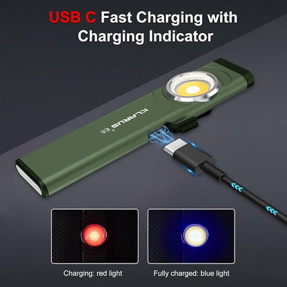 klarus E5 Pocket Flashlight, Rechargeable EDC Flashlight, Super Slim Flat 4.2x1x0.3inch, 470 Lumens, USB-C Port, IPX4, Dual Light Source with Magnetic Base, Hat & Clothes Clip - Green