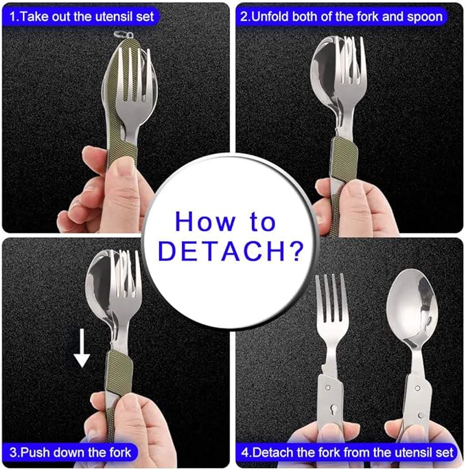 2Pcs Detachable Camping Utensils Cutlery Set, Caudblor Portable 4 in 1 Stainless Steel Travel Utensil, Foldable Knife Fork Spoon Bottle Opener, Multi Function Eating Flatware Tableware(Green Black)