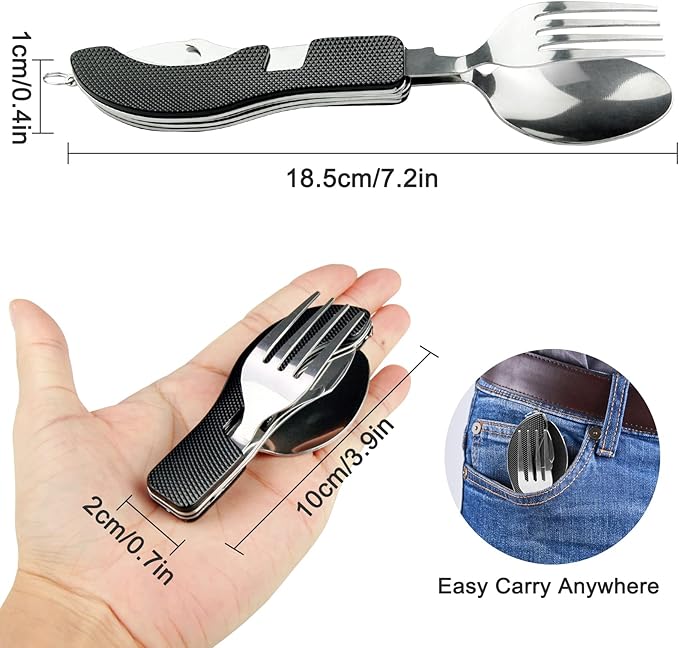 5 Pack Camping Utensils, 4-in-1 Portable Stainless Steel Cutlery with Fork, Spoon, Knife, and Bottle Opener - Lightweight, Detachable, and Durable Camping Silverware for Outdoor Events and Adventures