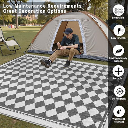 Outdoor Waterproof Rug 6'x9' Plastic Straw Rugs Washable Reversible Floor Mat Grey Plaid Carpet for Camping RV Deck Entryance Porch Picnic Balcony Beach Backyard