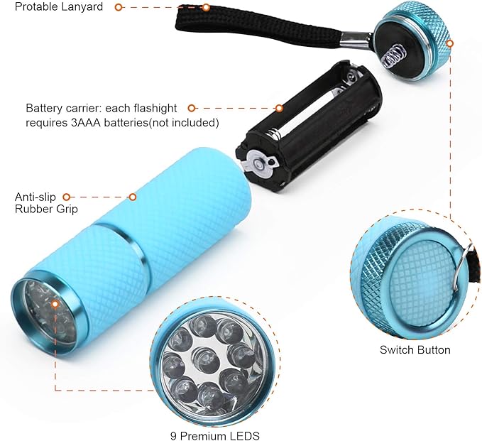 Coolrunner LED Flashlight, Small Glow Flashlights with 9 LED Lights, Portable Light Nail Dryer for Nail Gel, Flashlight Mini Powerful Pet Urine Detector for Dog/Cat, Resin Curing (Blue)