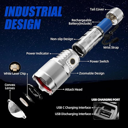 Flashlights High Lumens 900000 LED Rechargeable Tactical Flashlight Zoomable 3 Modes Fast Charging IPX6 Waterproof Super Bright Handheld Flashlights for Camping Hiking Outdoor and Gift