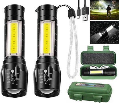 Led Flashlight Rechargeable USB Torch Mini Small Light Super Bright Handheld Tiny Portable Pocket Flash Light with COB Side Searchlight High Lumens Zoomable Emergency Camping Accessories 2 Pack
