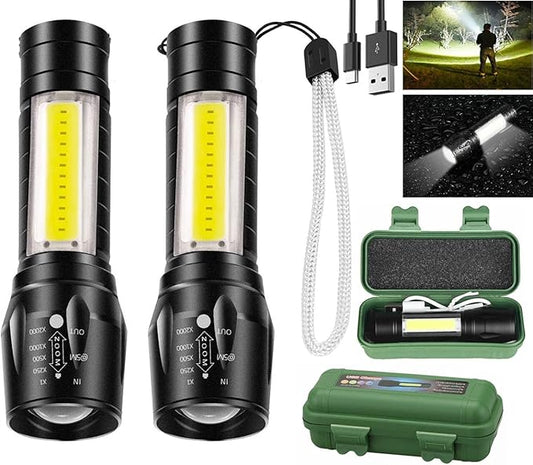 Led Flashlight Rechargeable USB Torch Mini Small Light Super Bright Handheld Tiny Portable Pocket Flash Light with COB Side Searchlight High Lumens Zoomable Emergency Camping Accessories 2 Pack