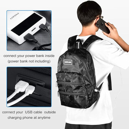 Mini Backpack Bag-Smell Proof-USB Charging Port Daypack Travel bags With Carbon Lining for Men & Women Travel (Camouflage Black)