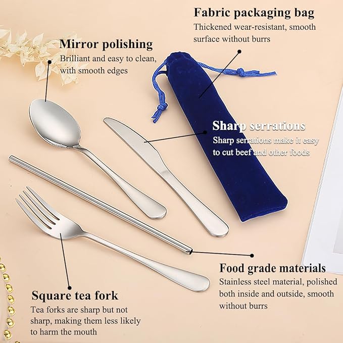 Kyraton Portable Flatware, Reusable Camping Flatware, Bento Box Flatware, Silverware For School/Work/Office/Outdoor, Dishwasher Safe, Set of 4 Pieces