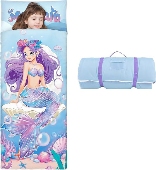 Kids Sleeping Bag Toddler Nap Mat with Removable Pillow, Large Foldable Sleeping Bag for Girls Boys, Easy Clean Slumber Bag with Double Zip for Camping School Preschool Daycare, 59×24 inch