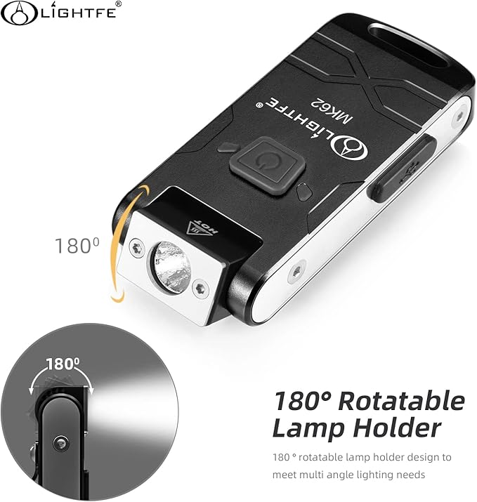 LIGHTFE MK62 Mini Keychain Flashlight USB Rechargeable Flashlight 280 Lumens Knuckle Head Long Runtime High Waterproof for Everyday Carry Camping Emergency LED Light Torch