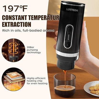 Portable Espresso Machine, Car Coffee Maker Self-Heating with Type-C, Compatible with Ground Coffee & Capsule for Travel, RV, Hiking, Camping, Office