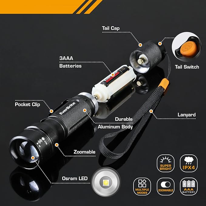 EverBrite 150 Lumen Super Small Mini LED Flashlight, 3 Lighting Modes, Zoomable Adjustable Focus for Camping, Hiking, Fishing, Running, Power Outages & Emergencies, 1 AA Battery Included