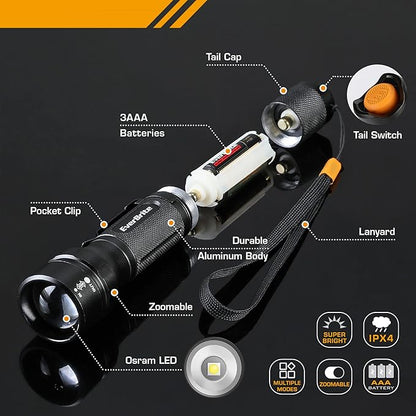 EverBrite 150 Lumen Super Small Mini LED Flashlight, 3 Lighting Modes, Zoomable Adjustable Focus for Camping, Hiking, Fishing, Running, Power Outages & Emergencies, 1 AA Battery Included