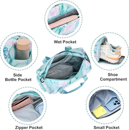 Gym Bag Sports Duffle Bag with Wet Pocket Weekender Overnight Bag with Waterproof Shoe Pouch and Air Hole for Girls Kids Women Travel Foldable Bag